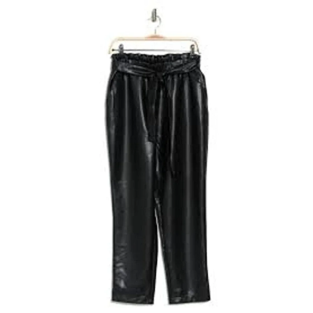 Avec Les Filles Womens Small Black Faux Leather Paperbag Waist Pants Career Work